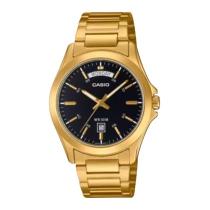 Casio General MTP-1370G-1AV Black Dial Date Display Gold Stainless Steel Band Analog Men Watch